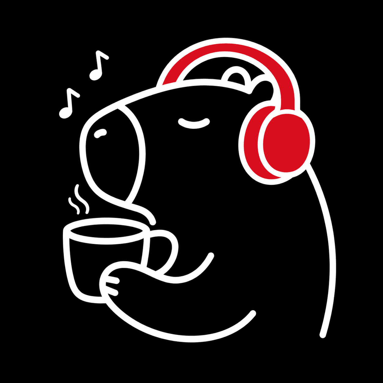 BrewCapy capybara logo wearing red headphones and holding coffee