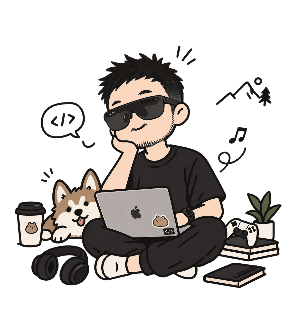 Hand-drawn self portrait sitting cross-legged with a laptop, dog, coffee, headphones and game controller